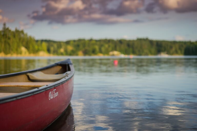 A canoe floating on a lake