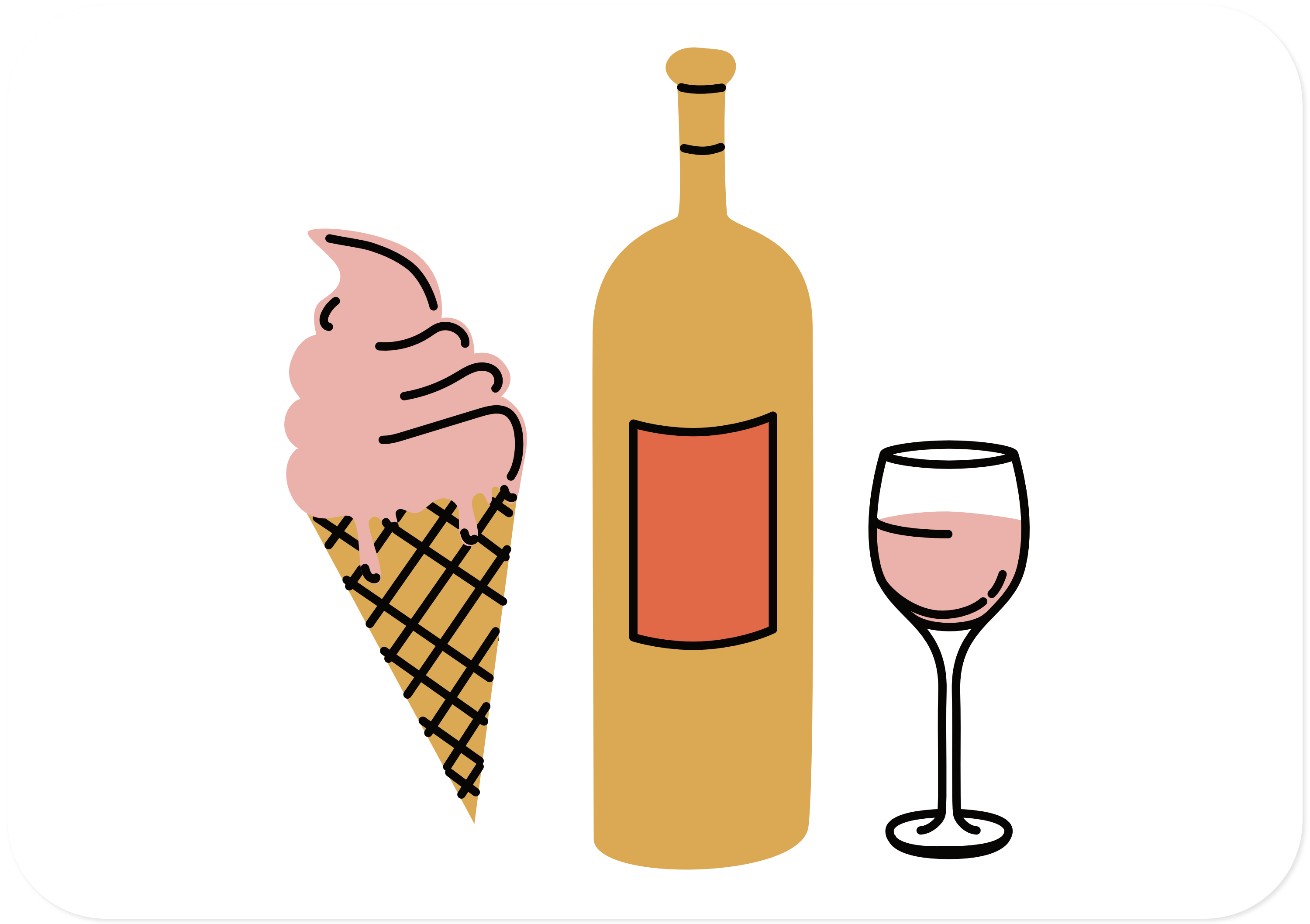 Culinary Icon, a drawing of an ice cream cone, bottle and wine glass.