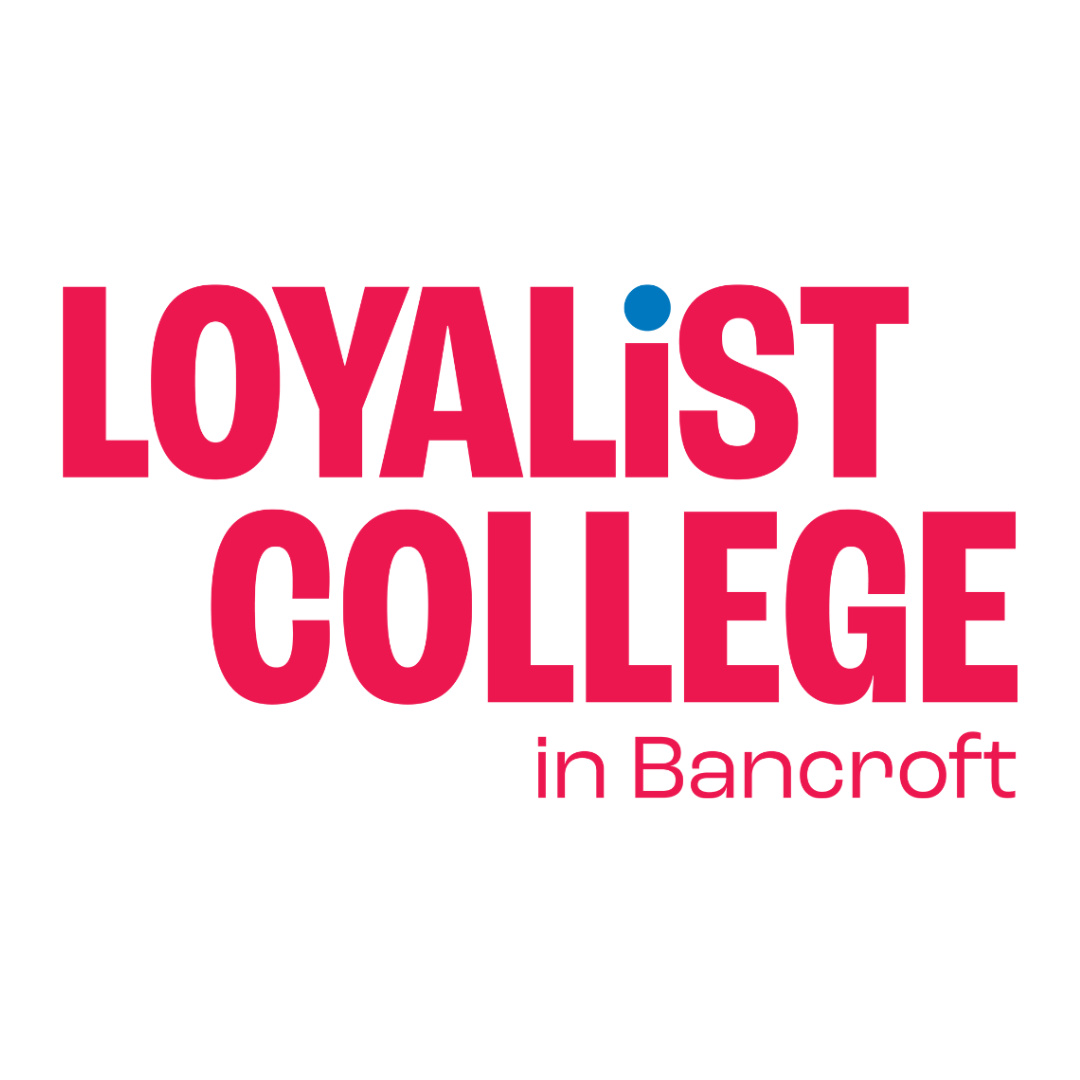 Loyalist College Bancroft Logo. Red text with blue dot for the letter i. 