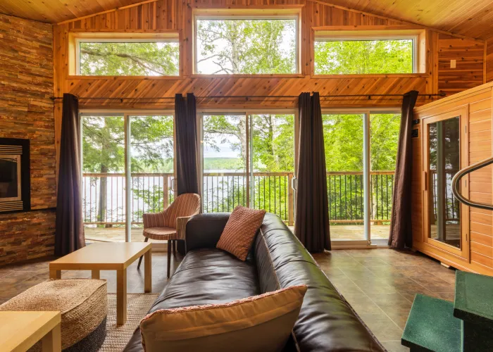 Inside a modern wooden Cottage overlooking Purdy Lake in Hastings Highlands, Ontario