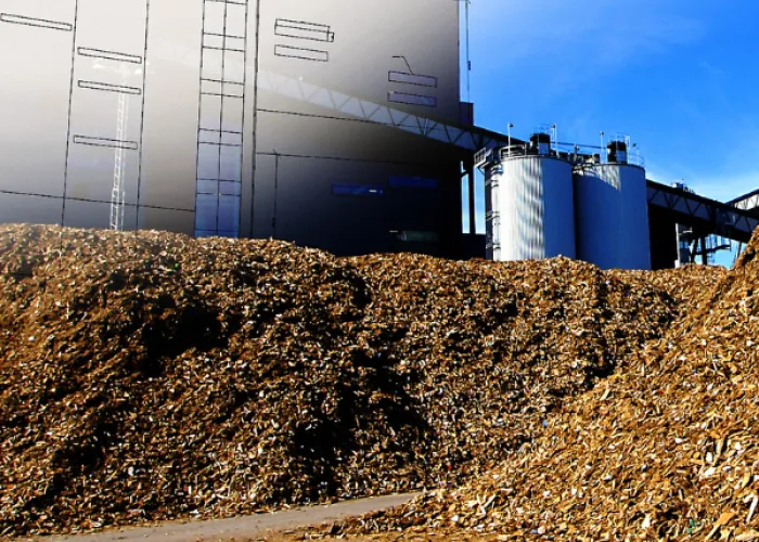 A pile of wood shavings in front of a drawing of a biomass energy facility. The building is half drawn as an outline and half real to show transition from drawing to reality. 