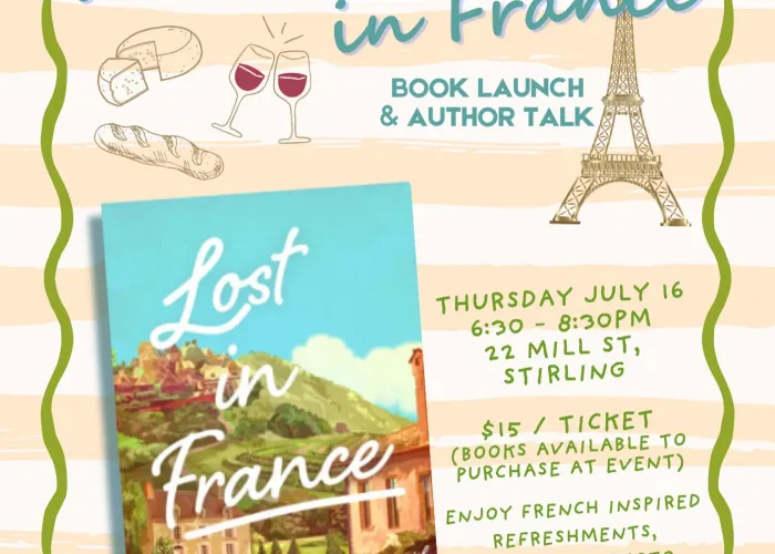 Cream and soft orange striped background, green wavy line border, event details, eiffel tower, cheese, baguette, wine glasses, photo of book cover