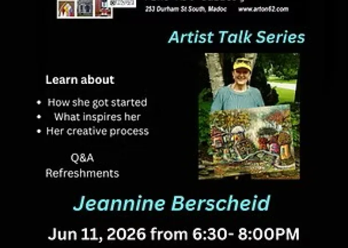 Event details, black background, photo of artist with a piece of their art