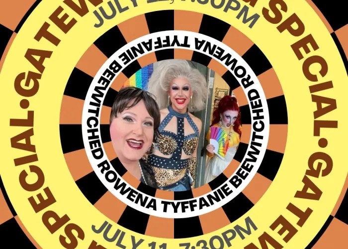 Circular striped pattern, event details in yellow circle, photo of drag performers in centre
