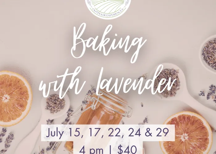 glass jar with jelly inside, sliced orange face up, lavender pieces and lavender in spoons, event details