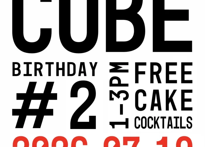 White background, black writing with event details, red writing of date