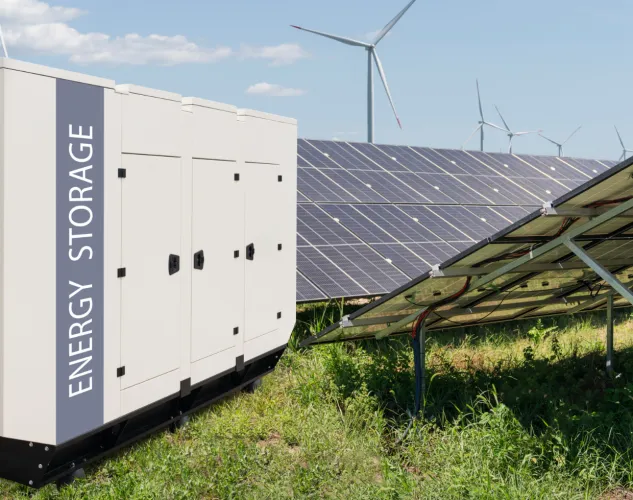 A picture of a battery storage unit, solar panels and windmills in the distance to show renewable energy.